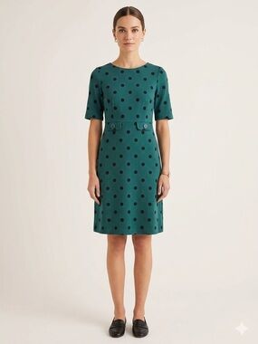 Boden Dark Green Dress with Black Polka Dots